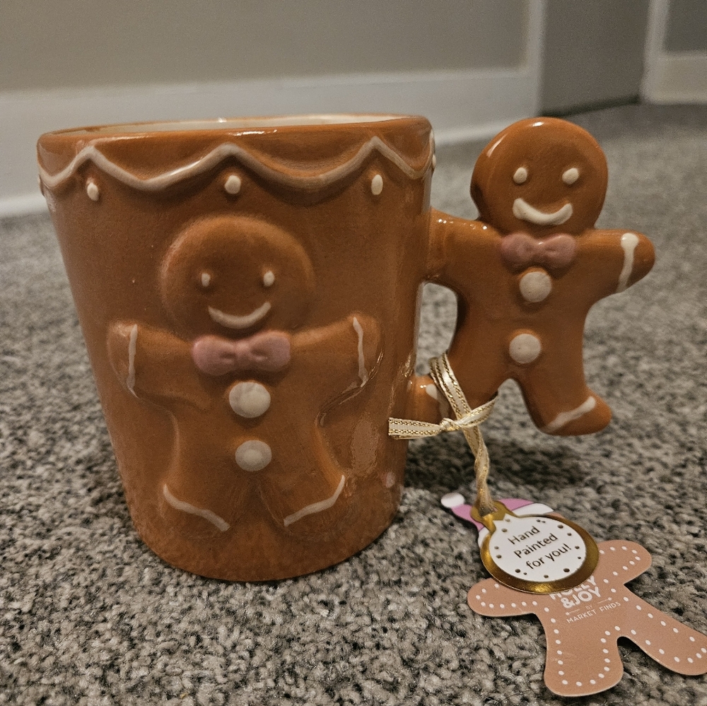 Gingerbread Man Ceramic Mug Handpainted Gingerbread Handle Christmas